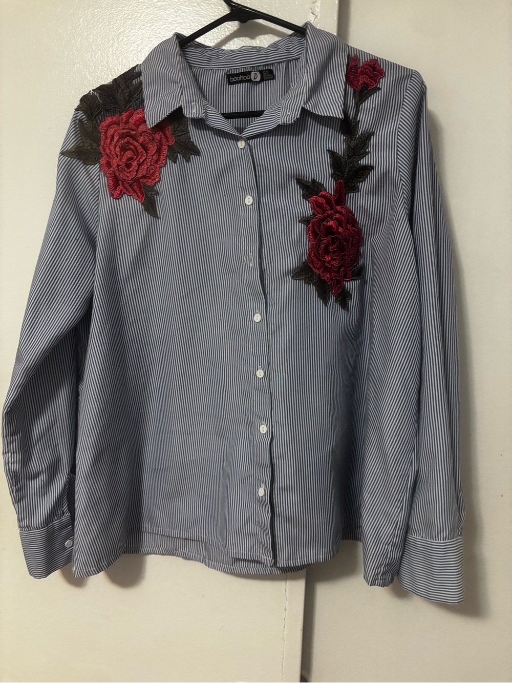 Boohoo Navy Pinstripe Button-Down Shirt with Red Rose Embroidery